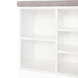Witte open legplanken van de ESTHA 10 Schoenenkast met grijze kussenoppervlakken van hjh LIVING