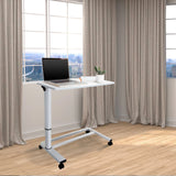 Wit Zit- Sta bureau STAND II met wieltjes en laptop op een lichte houten vloer van hjh OFFICE