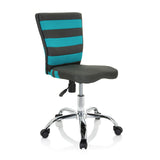 Grijze KIDDY COMFORT I kinder bureaustoel met turquoise strepen in de netrugleuning en een vijfsterrenvoet met wieltjes van hjh OFFICE – 360-gradenweergave (schuin vooraanzicht 40°)