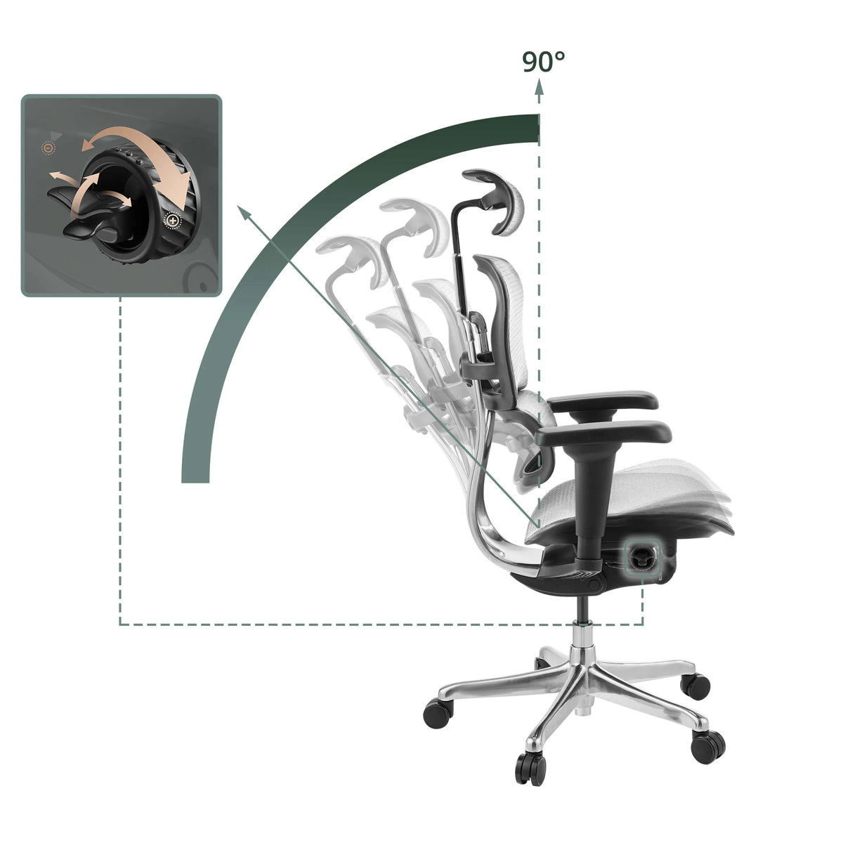 Kantelverstelling tot 90 graden van de luxe directiestoel ERGOHUMAN ULTRA GEN2 met instelknop van hjh OFFICE