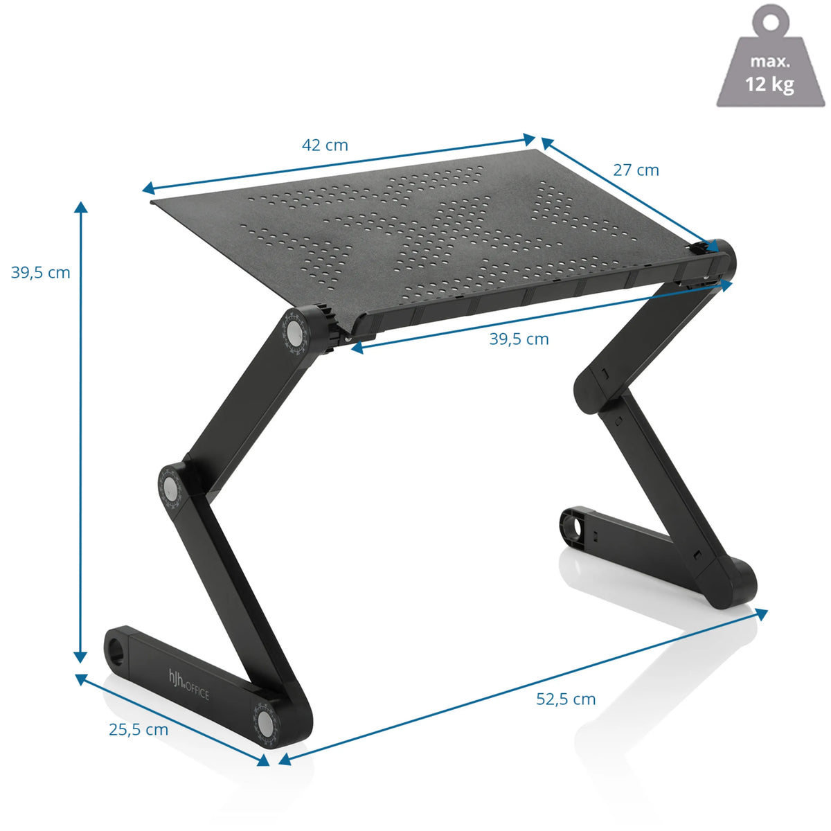 Maattekening van de monitorstandaard VM-SA II van 42 × 27 cm met een draaglast van 12 kg van hjh OFFICE
