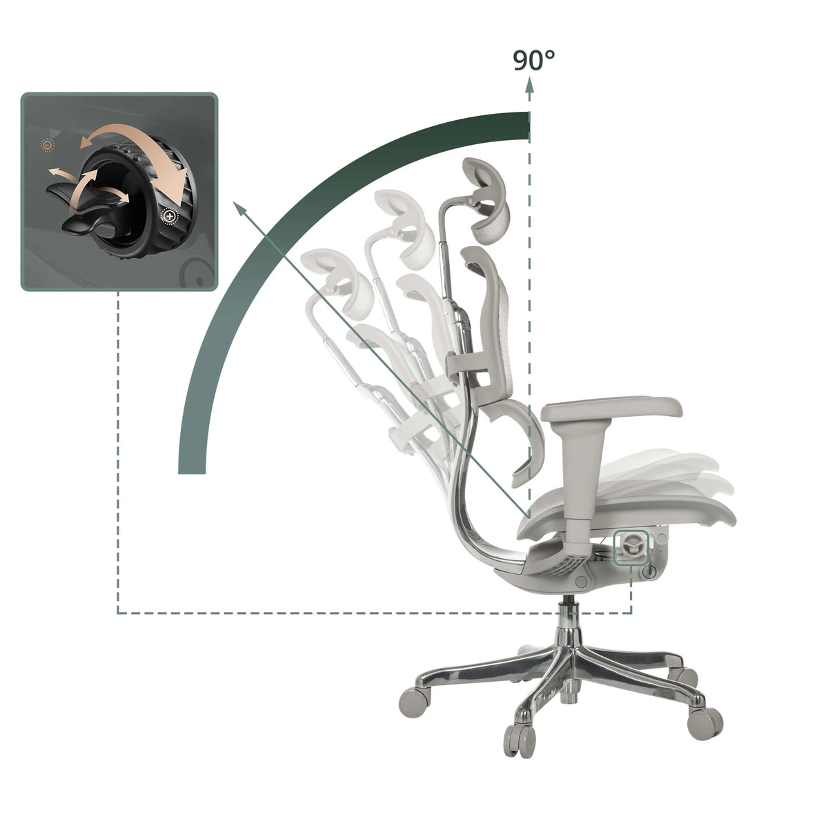 Verstelbare rugleuning van de luxe directiestoel ERGOHUMAN ULTRA G GEN2 met een kantelhoek van 90° van hjh OFFICE