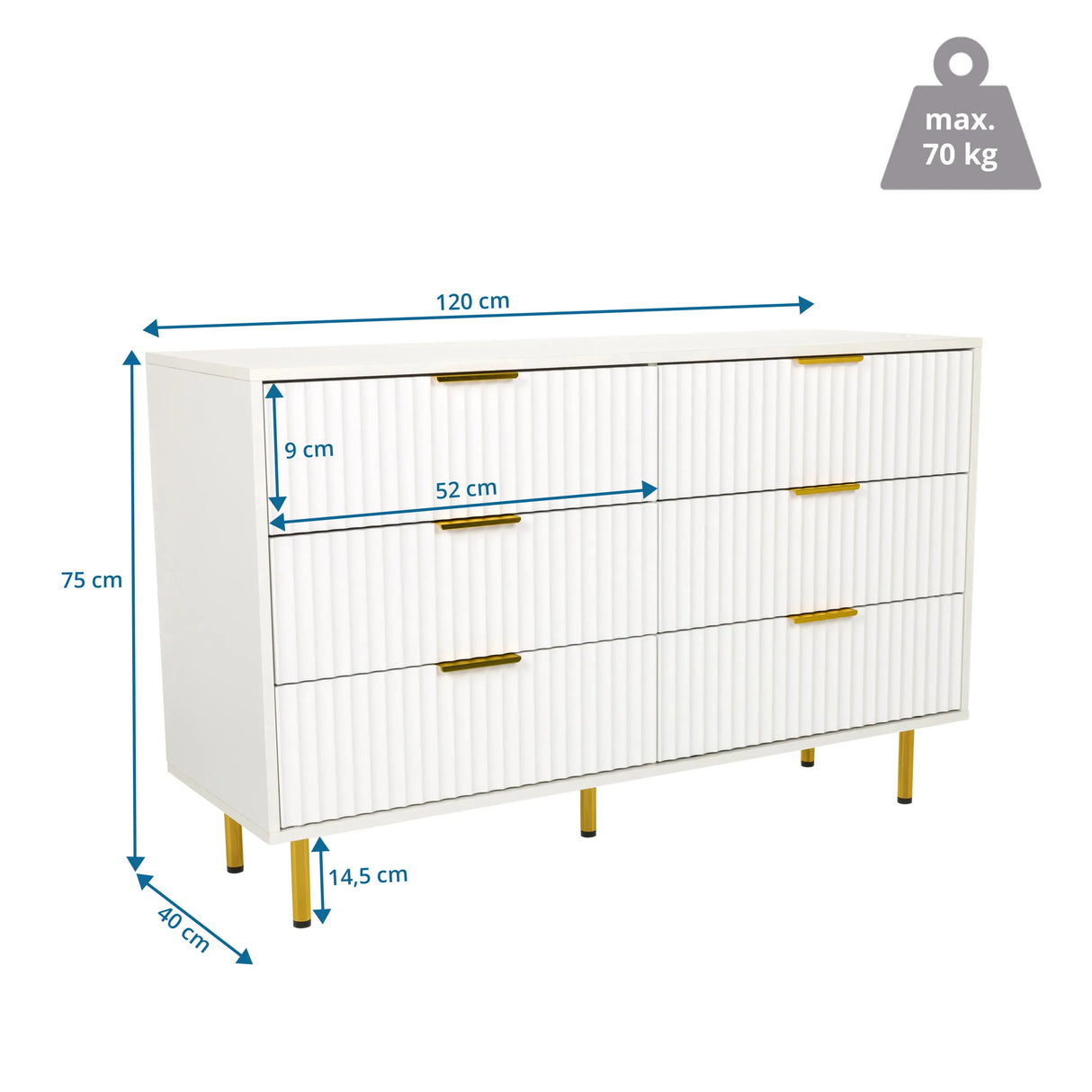 Maßzeichnung des Sideboards HJELLE mit einer Breite von 120 cm und einer Höhe von 75 cm von hjh LIVING