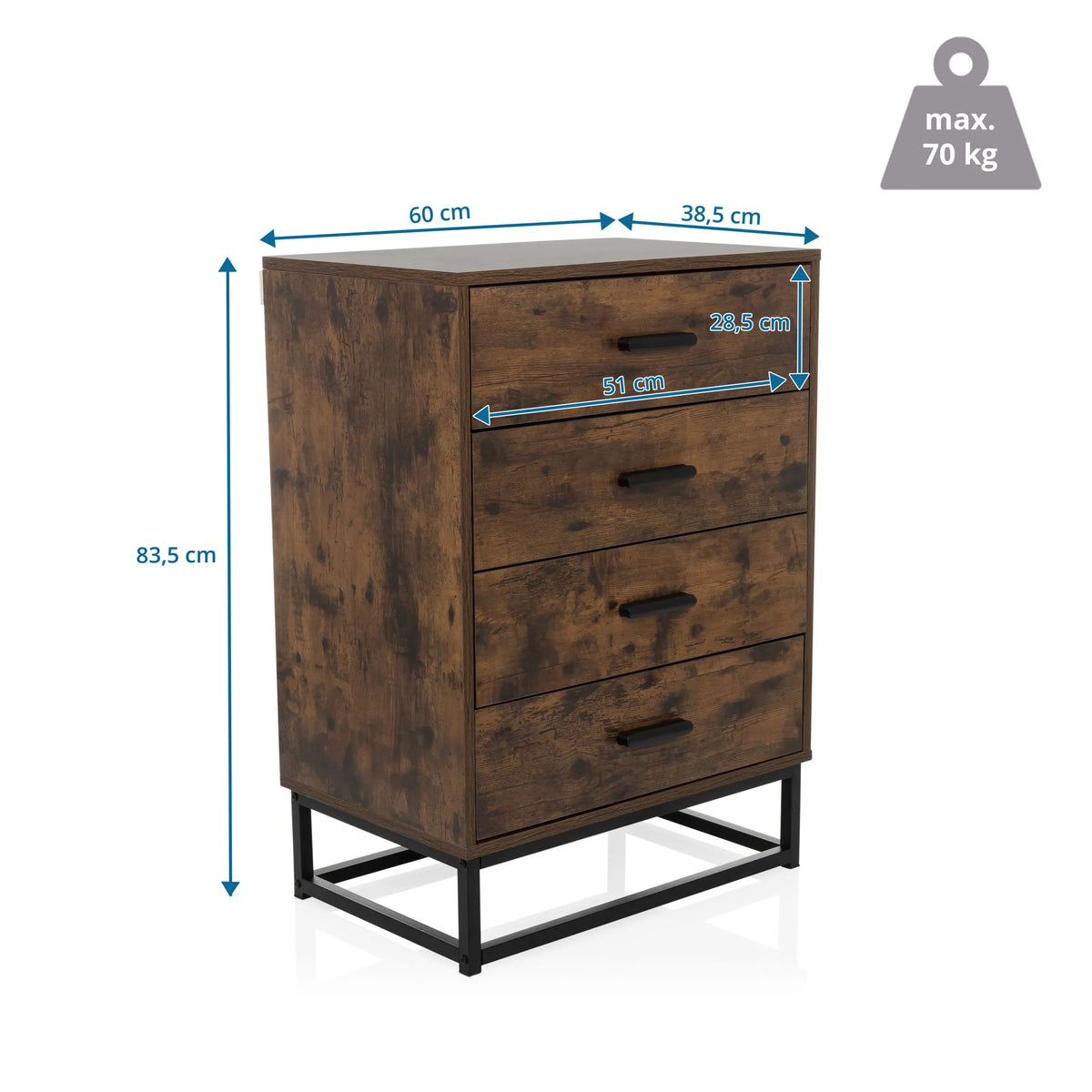 Maattekening van de Commode VINSTRA met 60 × 83,5 cm en een maximale belasting van 70 kg van hjh LIVING