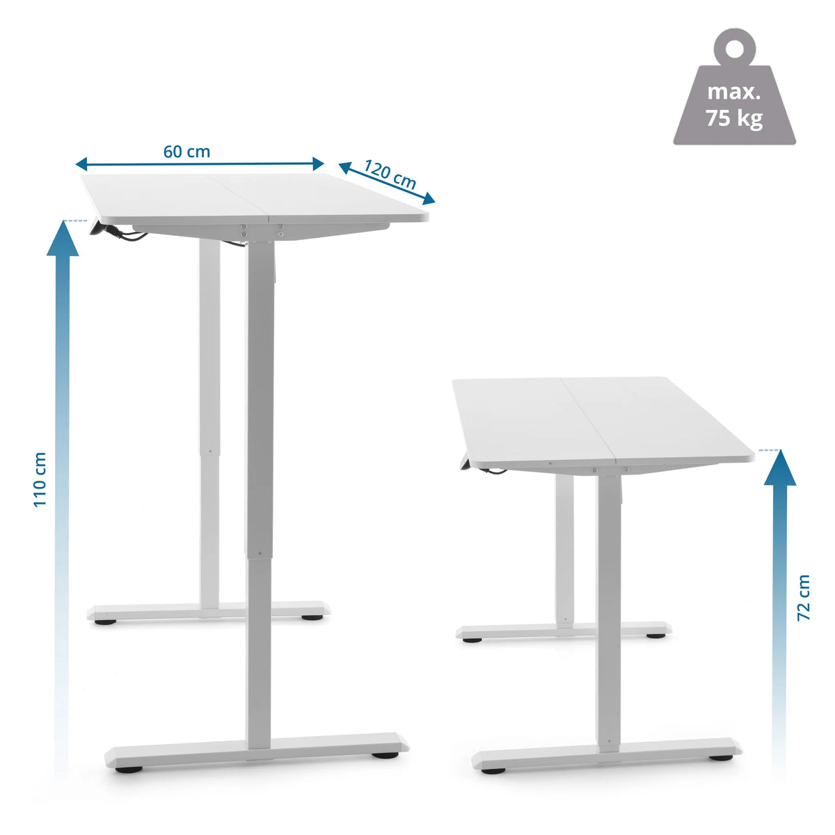 Maattekening van het elektrisch in hoogte verstelbaar bureau Worktime van 120 × 60 cm van hjh OFFICE