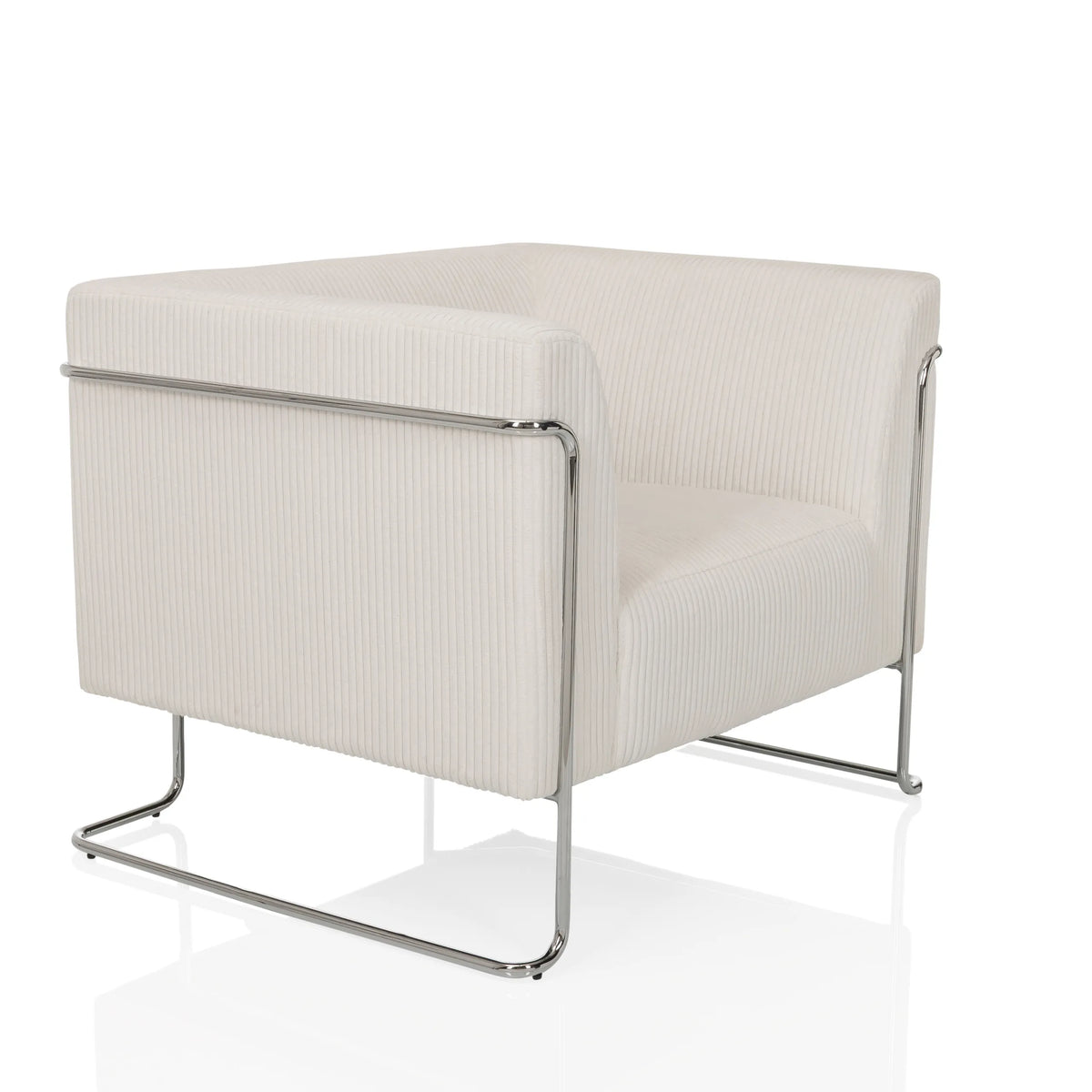Witte lounge stoel Curacao Cord met geribbelde bekleding en verchroomd frame van hjh LIVING – 360-gradenweergave (schuin vooraanzicht 45°)