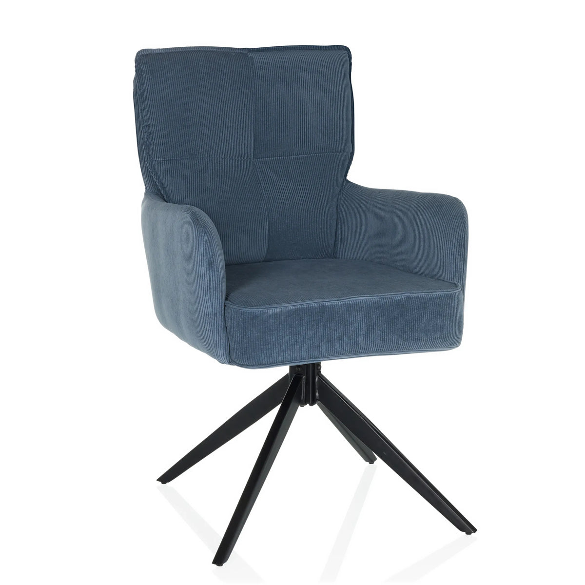 Blauwe gestoffeerde stoel TARUGO met corduroy bekleding en zwart vierpootsonderstel van hjh LIVING – 360-gradenweergave (vooraanzicht 15°)