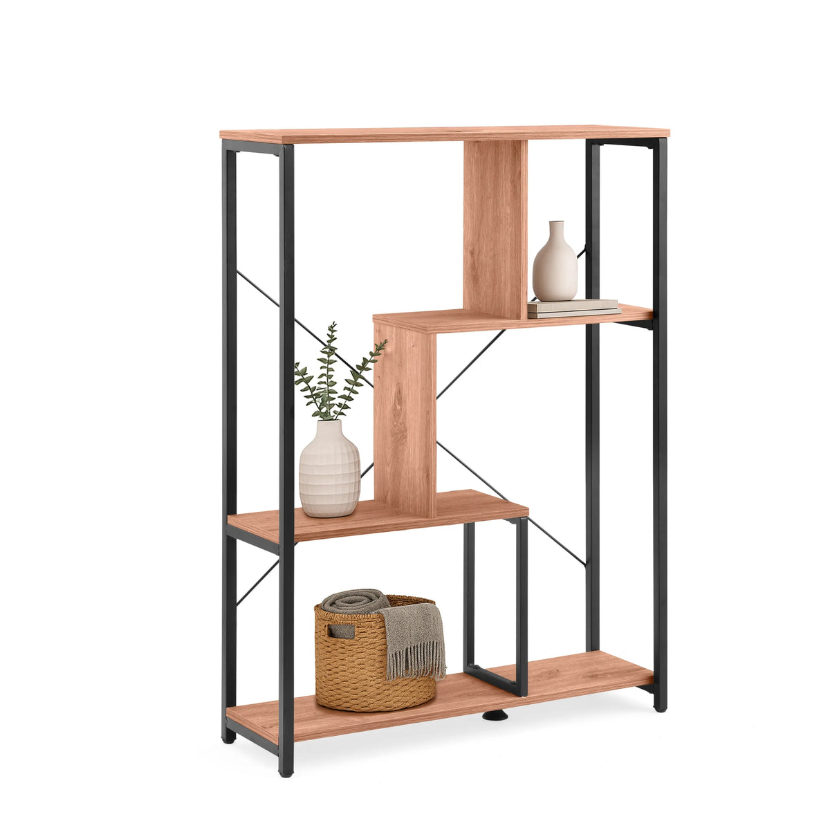 Kalag Eco plank met zwart metalen frame en planken in eikenlook van hjh LIVING