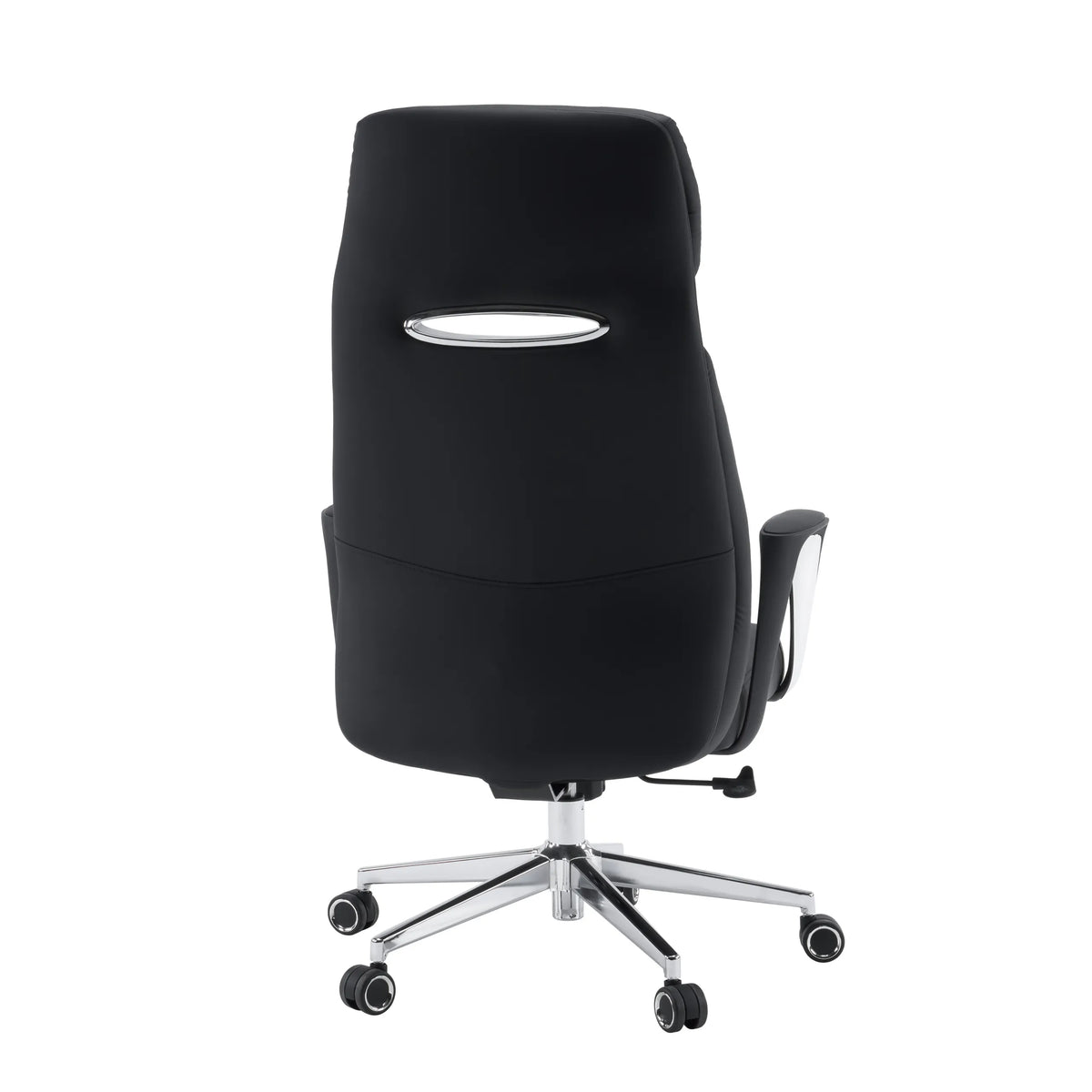 Achteraanzicht van de professionele directiestoel VELVET ECO in zwart met chromen onderstel en tapijtwieltjes van hjh OFFICE