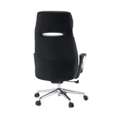 Achteraanzicht van de professionele directiestoel VELVET ECO in zwart met chromen onderstel en tapijtwieltjes van hjh OFFICE