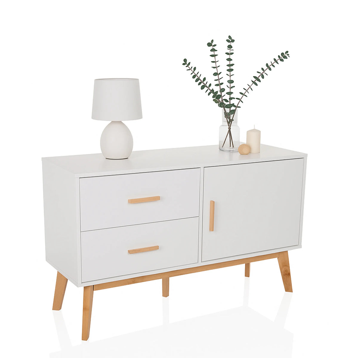 Wit dressoir TAROLO met twee laden, een deur en lichte houten poten van hjh LIVING