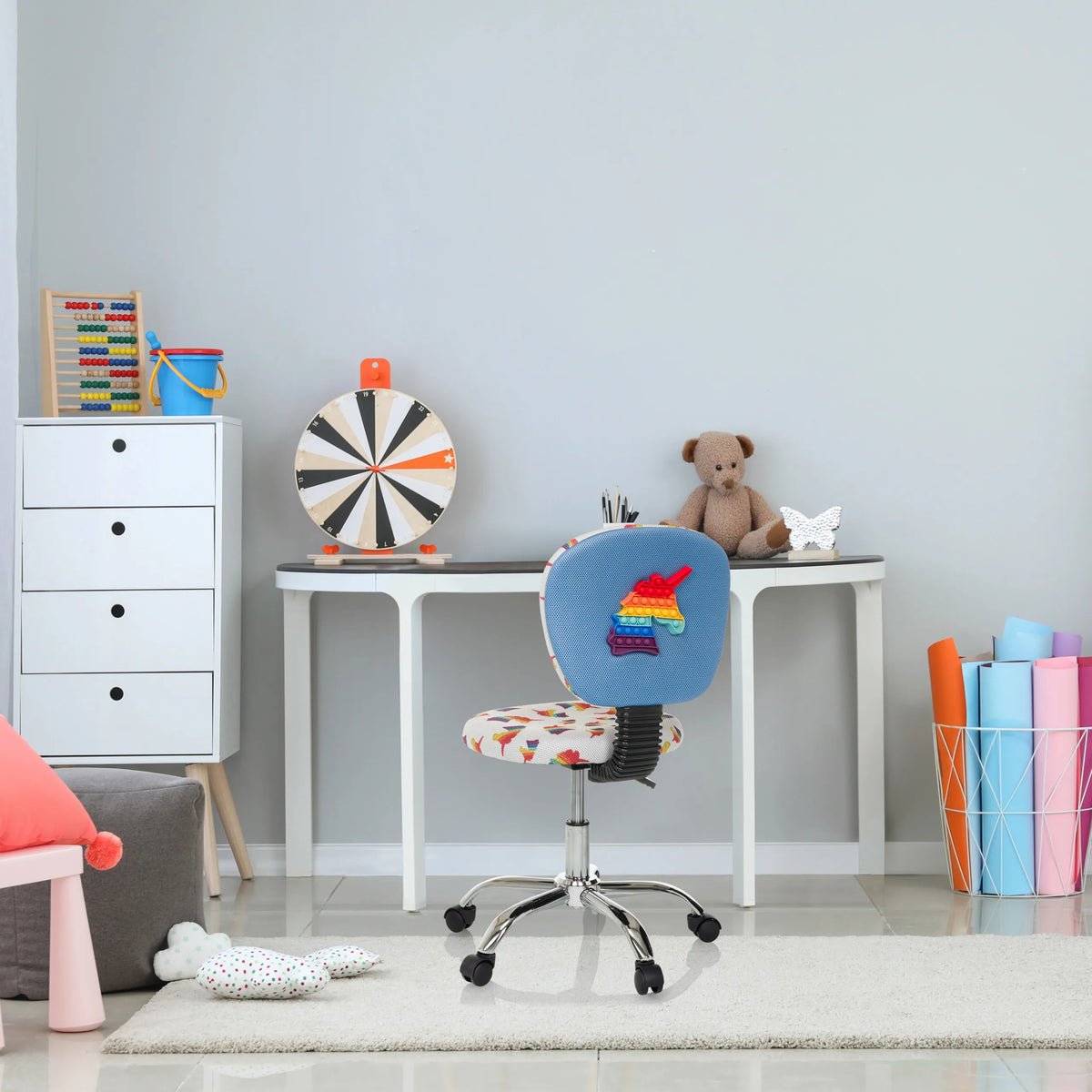 Kinder bureaustoel KID BUBBLE met kleurrijk motief en blauwe rugleuning van hjh OFFICE