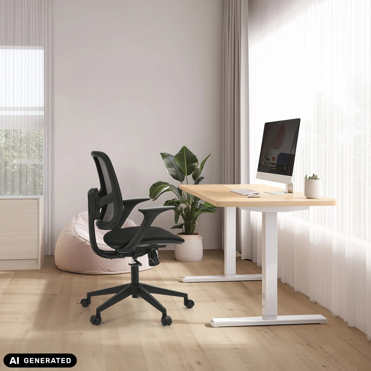 Thuisgebruik bureaustoel Malio in het zwart aan een in hoogte verstelbaar bureau van hjh OFFICE (AI-gegenereerde afbeelding)