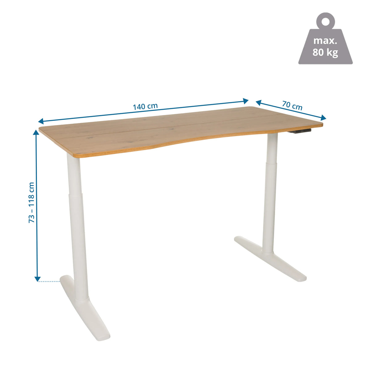 Maattekening van het Elektrisch in hoogte verstelbaar bureau STAND PRO R van 140 x 70 cm van hjh OFFICE