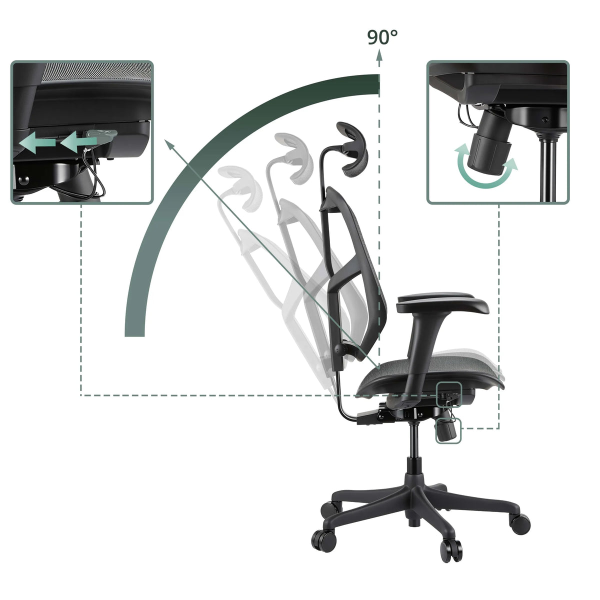 Verstellbare Rückenlehne mit Neigung bis 90 Grad des Profi-Bürostuhls Enjoy Eco MB in Schwarz von hjh OFFICE