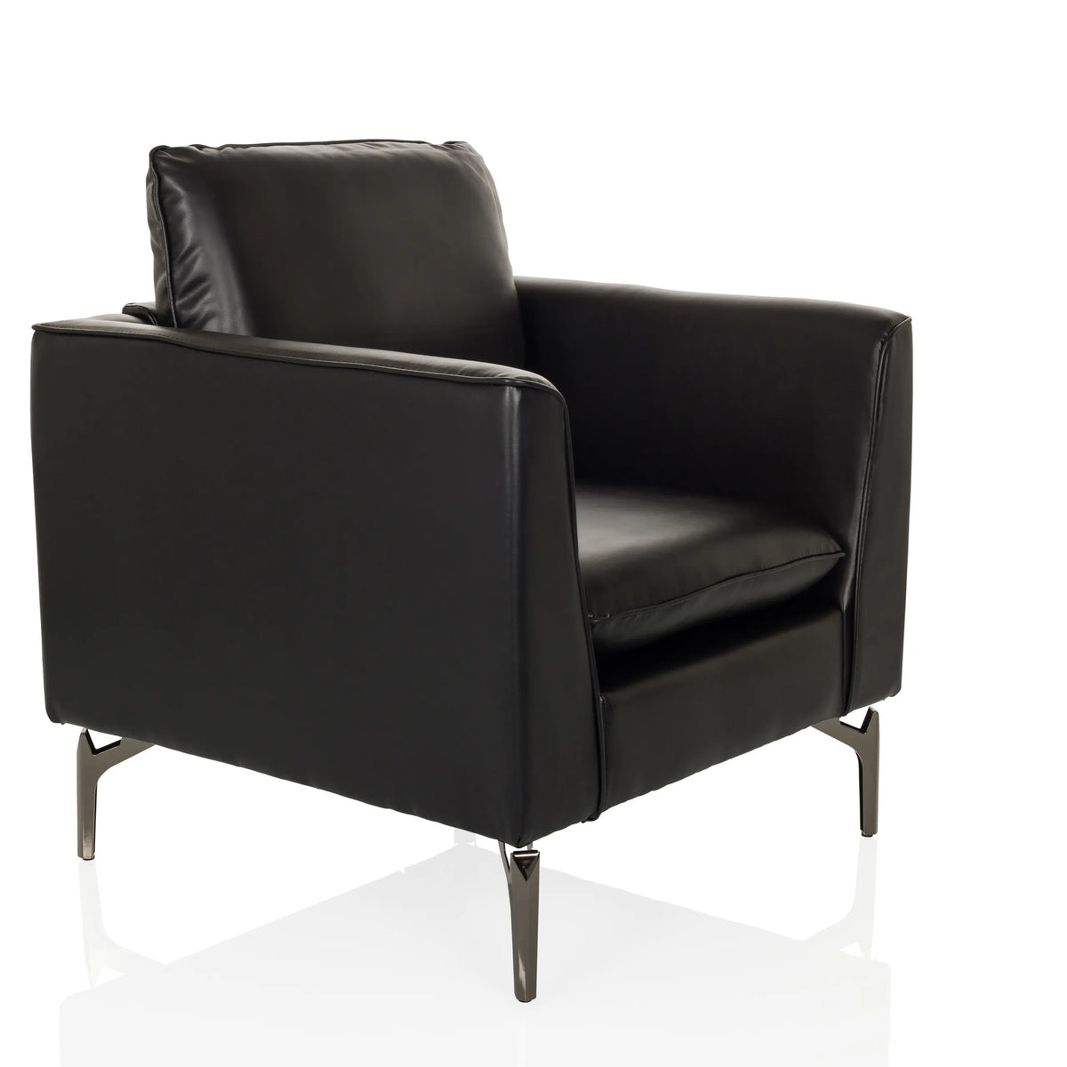 Zwarte Lounge stoel BAVERO met kunstlederen bekleding en metalen poten van hjh OFFICE – 360-gradenweergave (schuin vooraanzicht 45°)