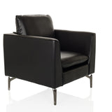 Zwarte Lounge stoel BAVERO met kunstlederen bekleding en metalen poten van hjh OFFICE – 360-gradenweergave (schuin vooraanzicht 45°)