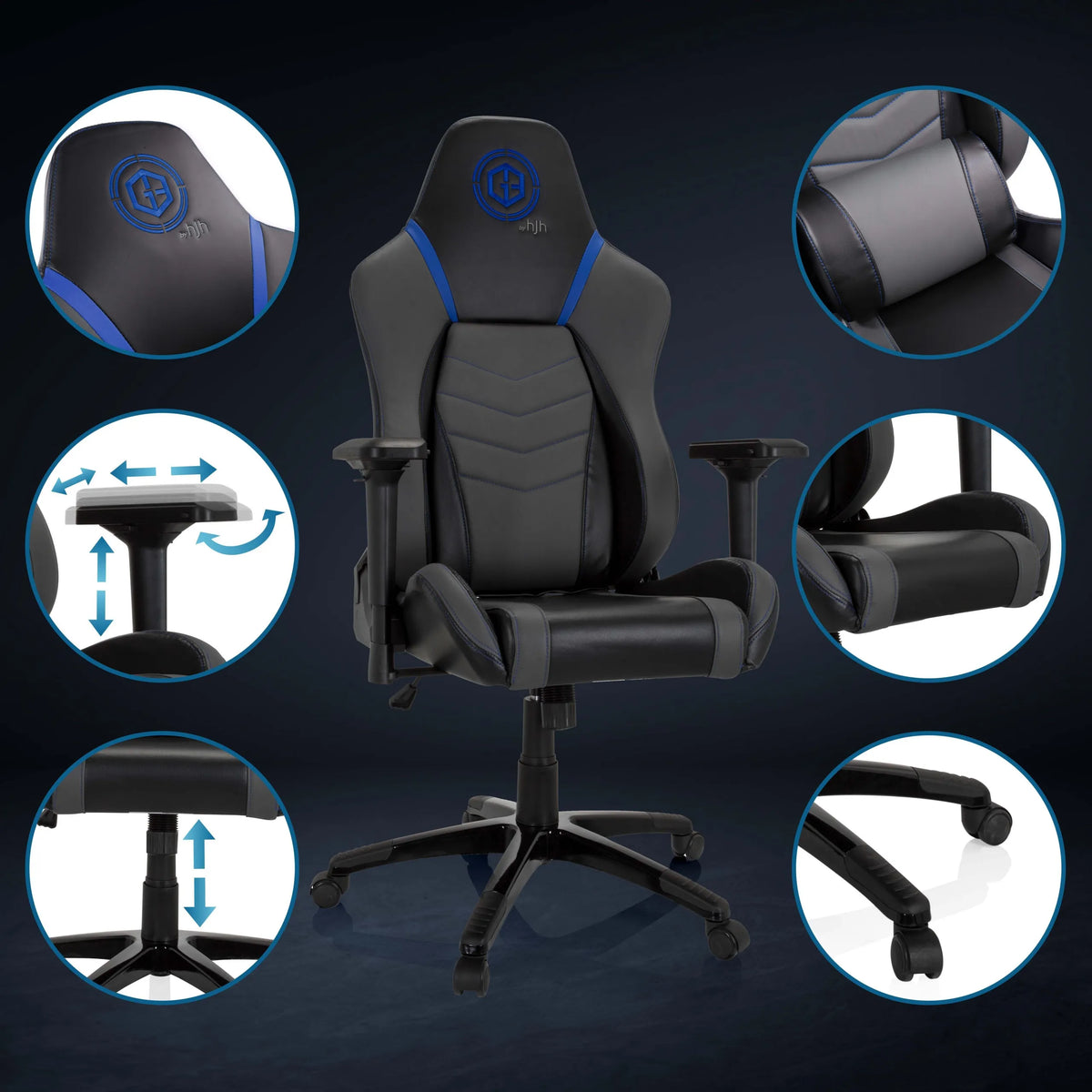 Gamestoel GAMEBREAKER POLARYS I in grijs-blauw met detailopnamen van armleuningen, gasveer en wieltjes van hjh OFFICE