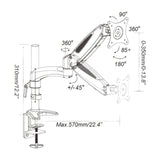 Technische tekening van de Monitorsteun VM-MG1 met een maximale diepte van 570 mm van hjh OFFICE