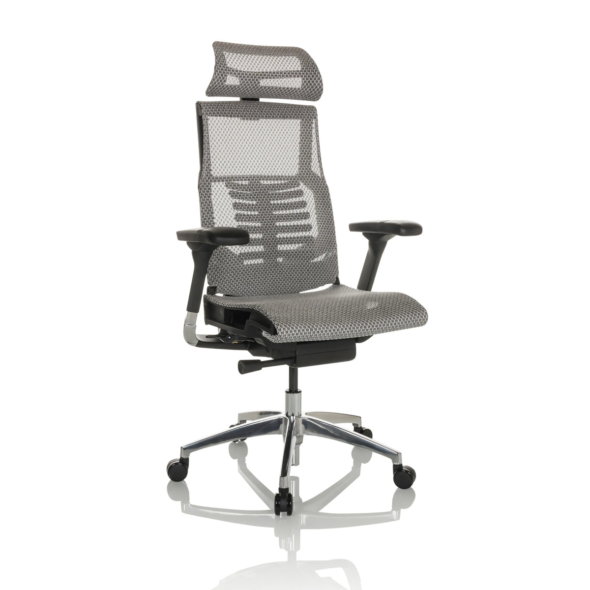 Lichtgrijze High end bureaustoel POFIT GEN2 met netrug en vijfpoot met zwenkwielen van hjh OFFICE – 360-gradenweergave (schuin vooraanzicht 30°)