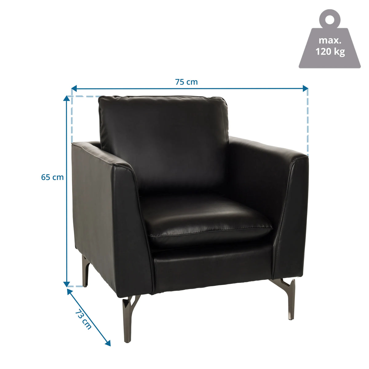Maattekening van de Lounge stoel BAVERO met 75 x 65 cm en een maximale belastbaarheid van 120 kg van hjh OFFICE