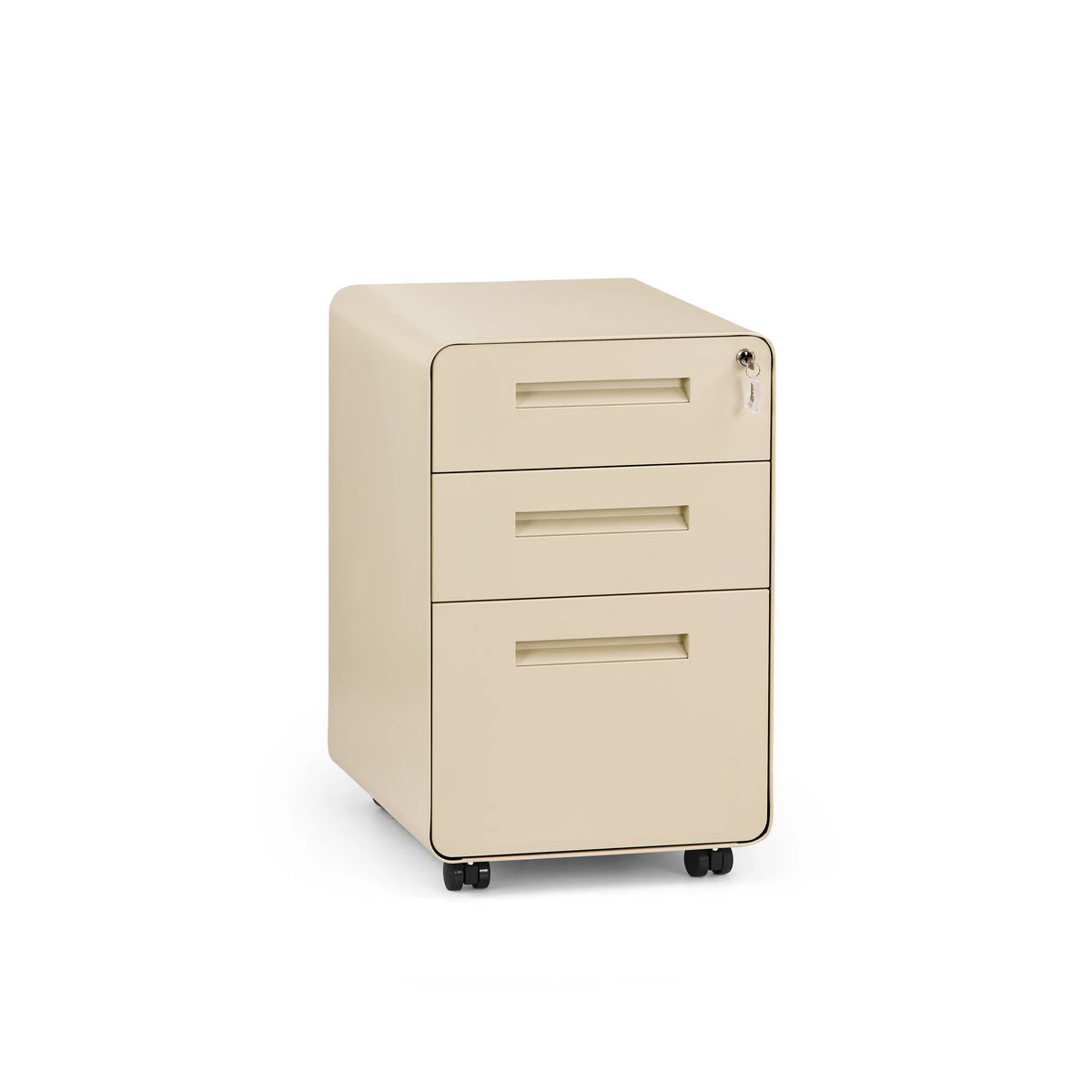 Beige COLOR PLUS I ladeblok van metaal met drie laden en vier zwenkwielen van hjh OFFICE – 360-gradenweergave (vooraanzicht 15°)