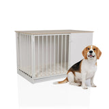 Hondenkrat PAWHOME XL in wit en eiken met roosterdeur en een Beagle die ervoor zit van hjh LIVING