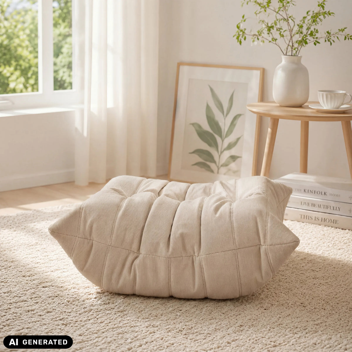 Beige zitzak Sitzolo Podi met stikstructuur op een lichtgekleurd tapijt van hjh LIVING (AI-gegenereerde afbeelding)