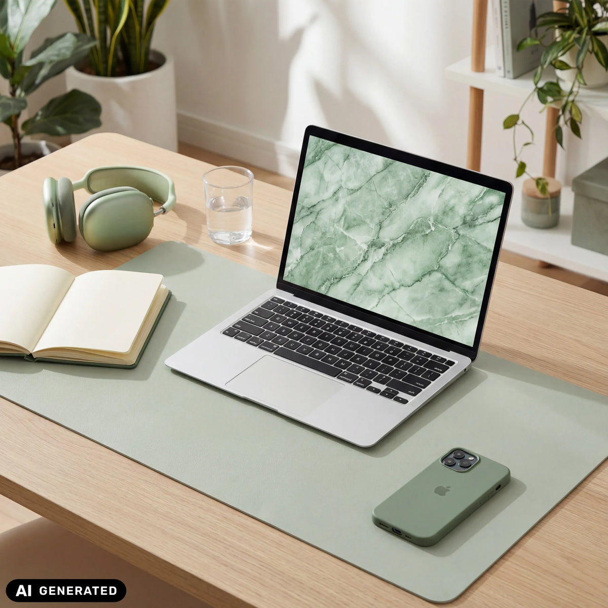 Lichtgroene Padflux Clean bureauonderlegger op een houten tafel met laptop en accessoires van hjh OFFICE (AI-gegenereerde afbeelding)