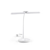 Weiße Schreibtischlampe Lumanova D6 mit T-förmigem Lampenkopf und rundem Standfuß von hjh OFFICE – 360-Grad-Ansicht (Frontansicht 15°)