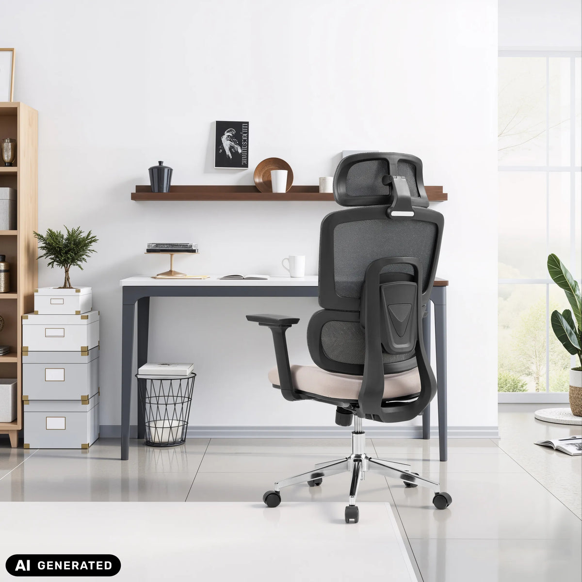 Professionele bureaustoel Ergomy Pro in donkergrijs en beige met mesh rugleuning van hjh OFFICE (AI-gegenereerde afbeelding)
