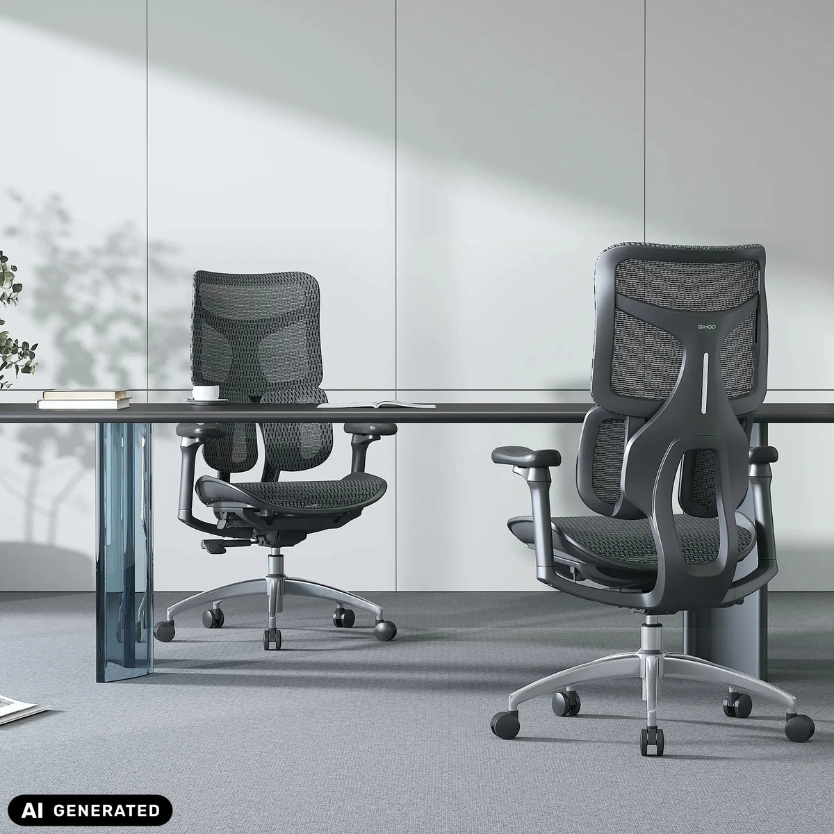Twee zwarte professionele bureaustoelen S100-M301 met netrugleuning aan een bureau van Sihoo (AI-gegenereerde afbeelding)