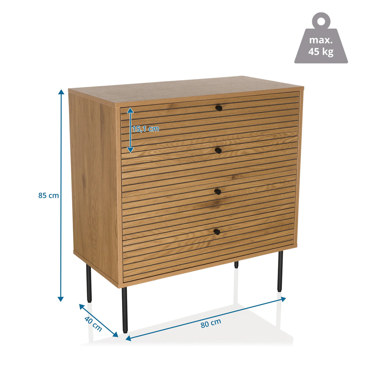 Maattekening van de Commode LINNO K met 80 x 40 cm en een hoogte van 85 cm van hjh LIVING