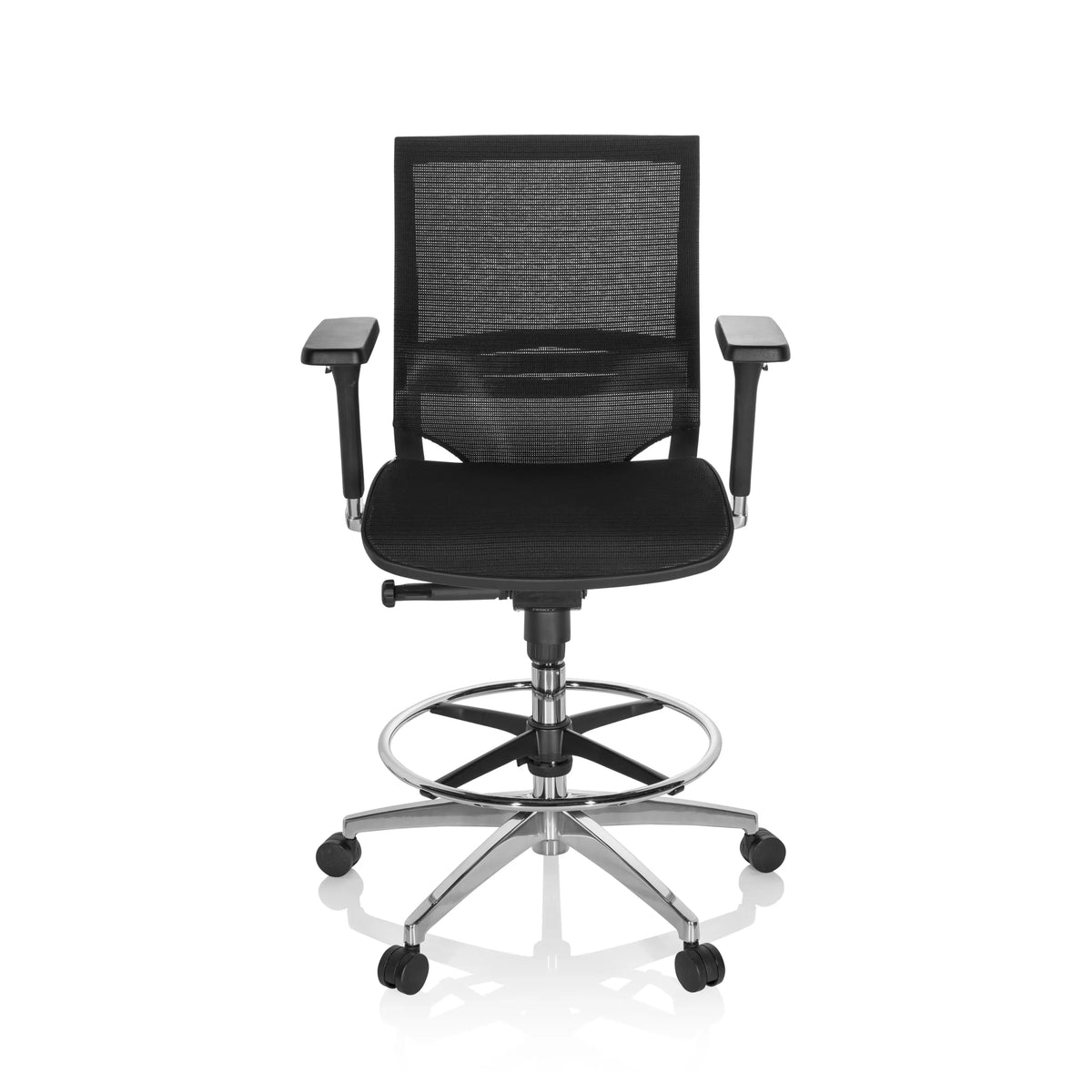 Zwarte Baliestoel TOP WORK 78 met netrug, voetring en vijfpoot met zwenkwielen van hjh OFFICE – 360-gradenweergave (vooraanzicht 0°)