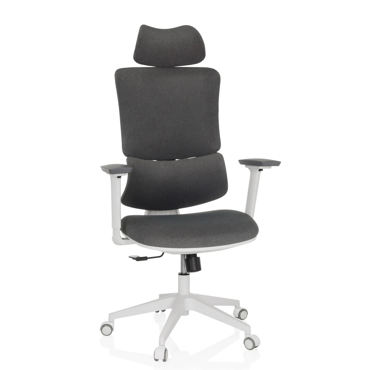 Grijze Thuisgebruik bureaustoel ERGOMY WF met stoffen bekleding, wit frame en vijfpoot met zwenkwielen van MyBuero – 360-gradenweergave (vooraanzicht 15°)
