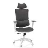 Grijze Thuisgebruik bureaustoel ERGOMY WF met stoffen bekleding, wit frame en vijfpoot met zwenkwielen van MyBuero – 360-gradenweergave (vooraanzicht 15°)
