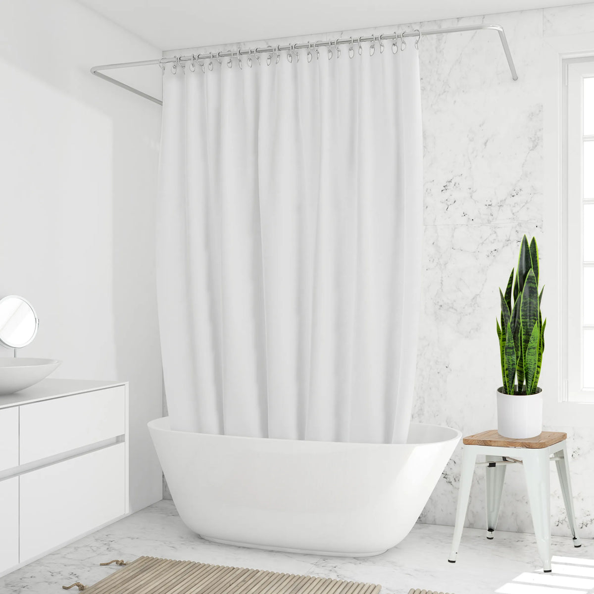 Groene Kunstplant SANSEVIERIA in een witte pot op een klein krukje van hjh OFFICE