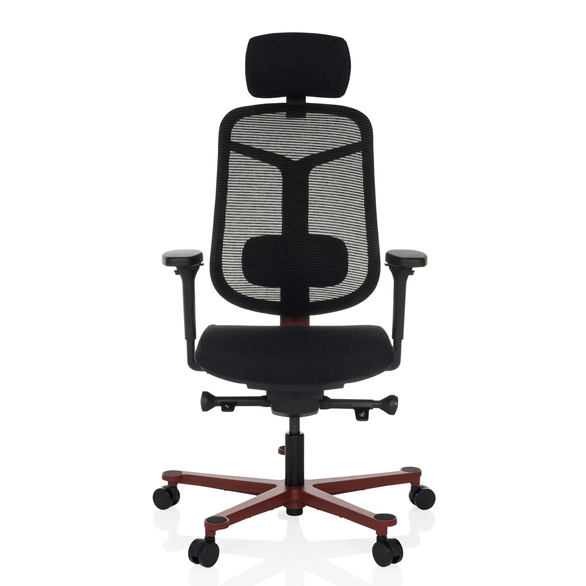 Zwarte high end bureaustoel BICOLORE HIGH met netrugleuning, hoofdsteun en rood vijfster-onderstel met wieltjes van hjh OFFICE – 360-gradenweergave (vooraanzicht 0°)