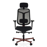 Zwarte high end bureaustoel BICOLORE HIGH met netrugleuning, hoofdsteun en rood vijfster-onderstel met wieltjes van hjh OFFICE – 360-gradenweergave (vooraanzicht 0°)