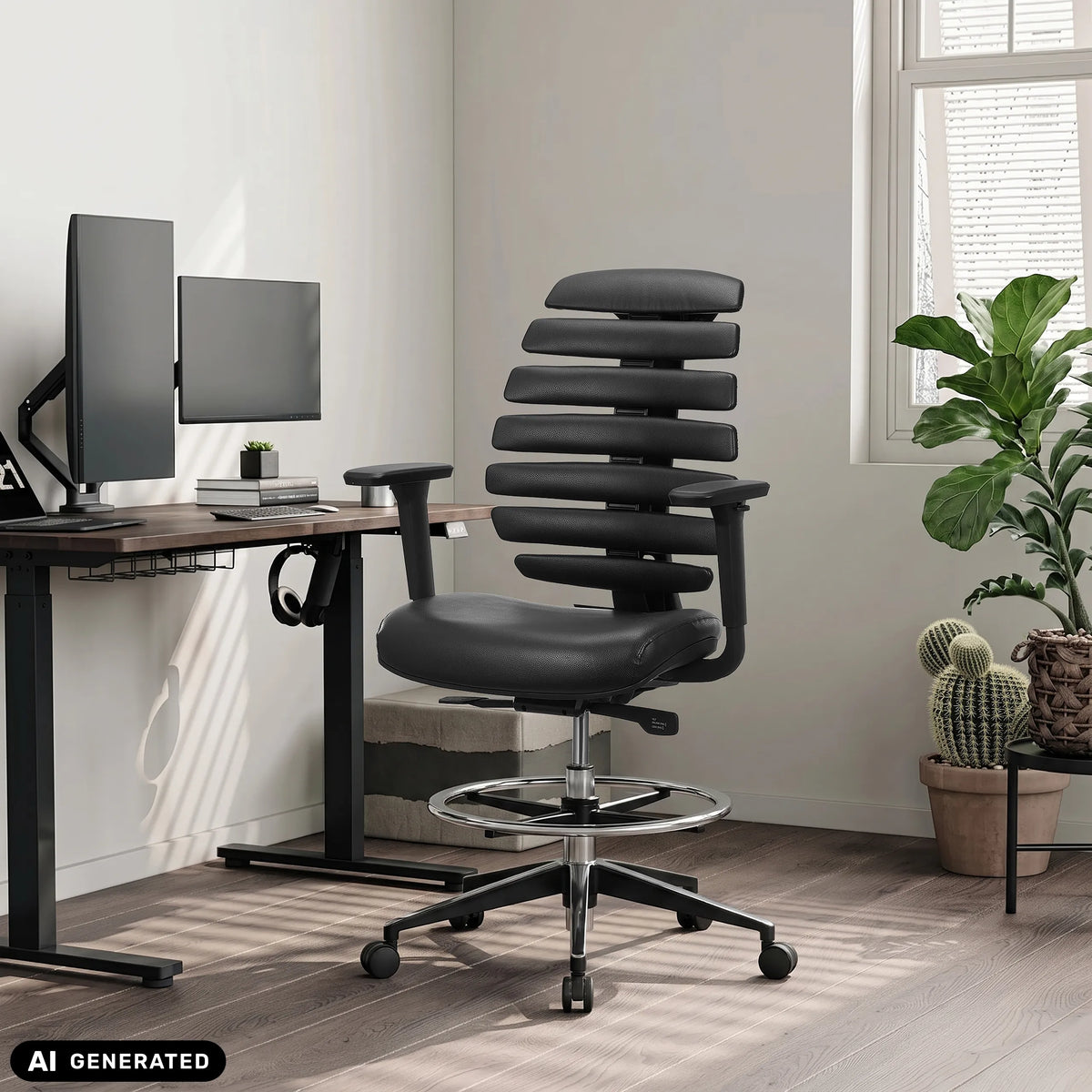 Zwarte ERGO LINE II WORK baliestoel van kunstleder met voetring van hjh OFFICE (AI-gegenereerde afbeelding)