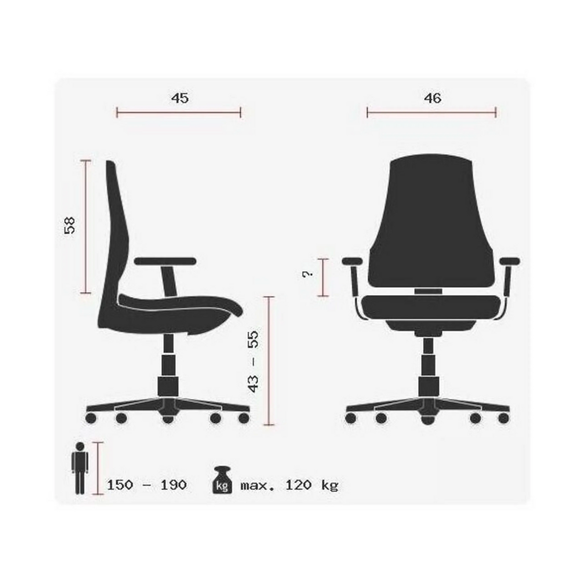 Technische Zeichnung des Profi-Bürostuhls WELLPOINT 30 K2 mit einer maximalen Belastbarkeit von 120 kg von Topstar