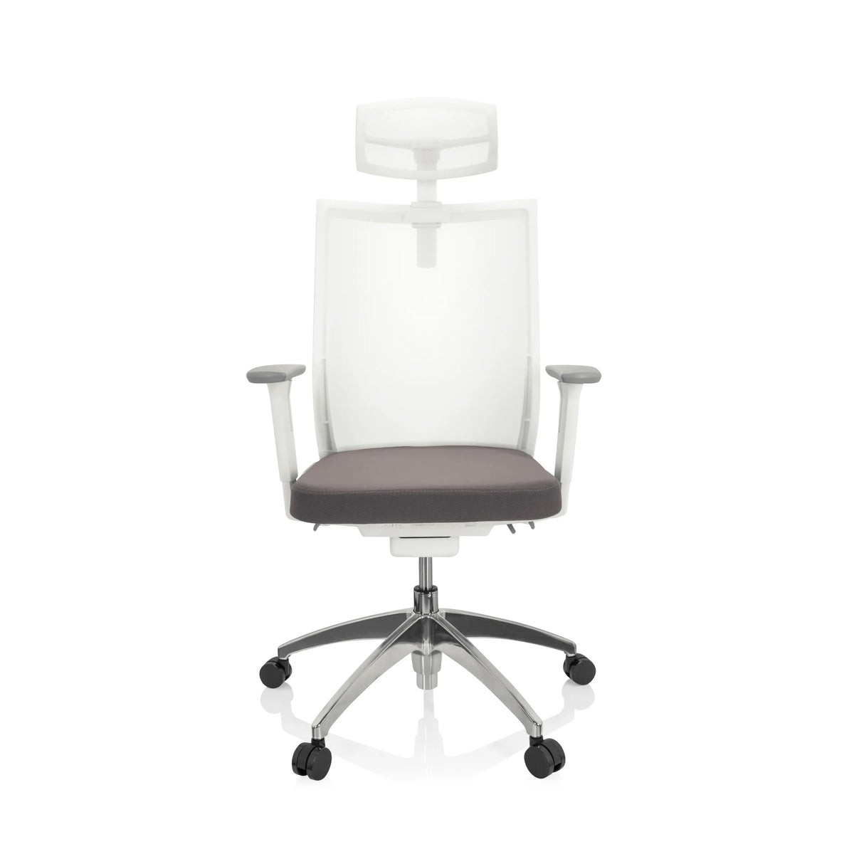 Grijs-witte Professionele bureaustoel ASPEN WHITE PRO met netrug, hoofdsteun en vijfpoot met zwenkwielen van hjh OFFICE – 360-gradenweergave (vooraanzicht 0°)