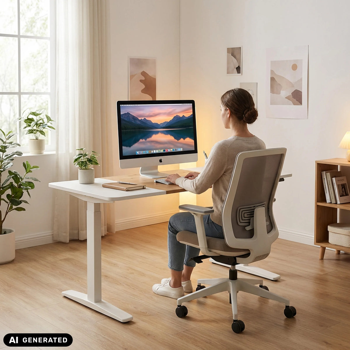 Elektrisch in hoogte verstelbaar bureau STAND T3 in wit en eiken van hjh OFFICE (AI-gegenereerde afbeelding)