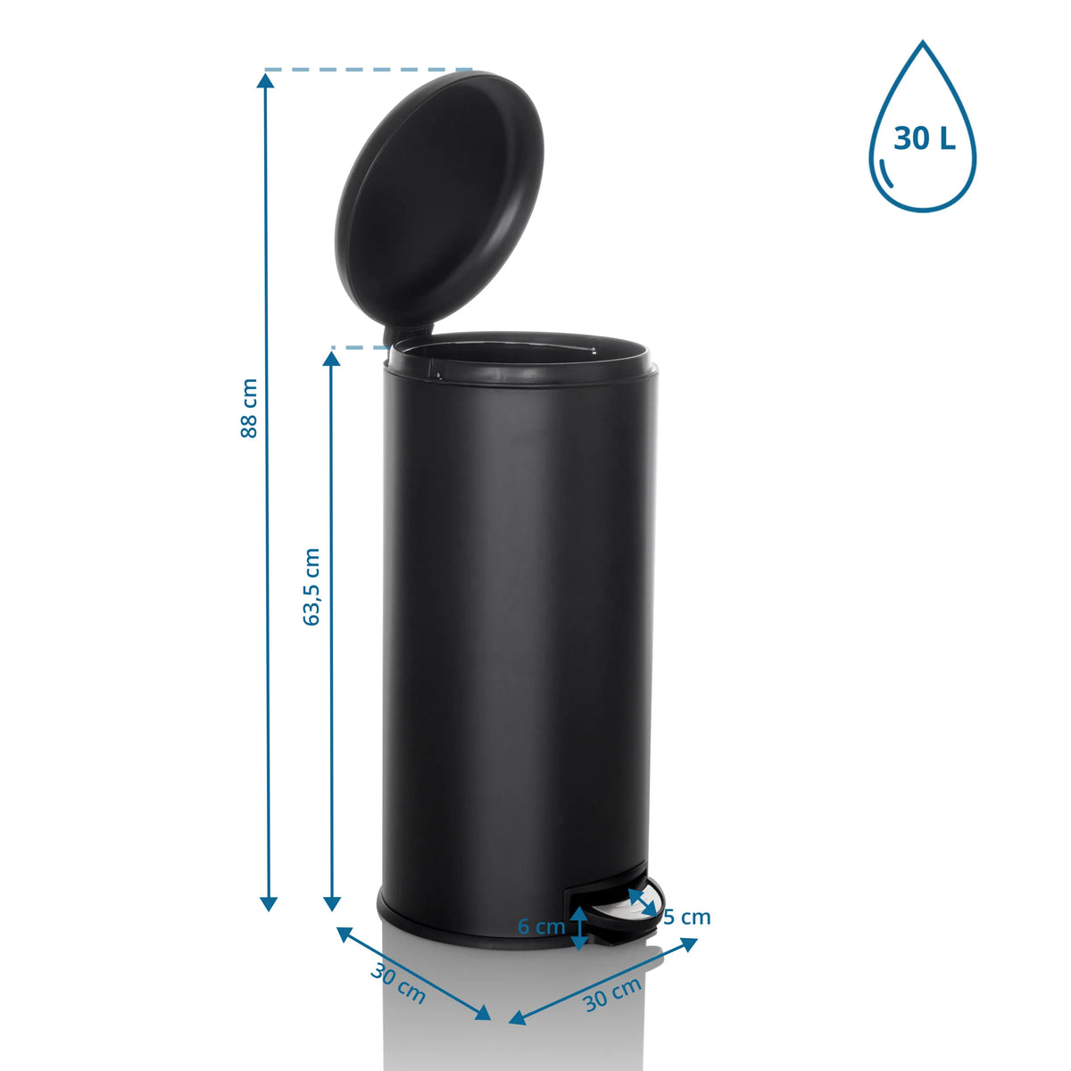 Maattekening van de CLEAN STEP prullenbak met 30 liter inhoud en 88 cm totale hoogte van hjh OFFICE