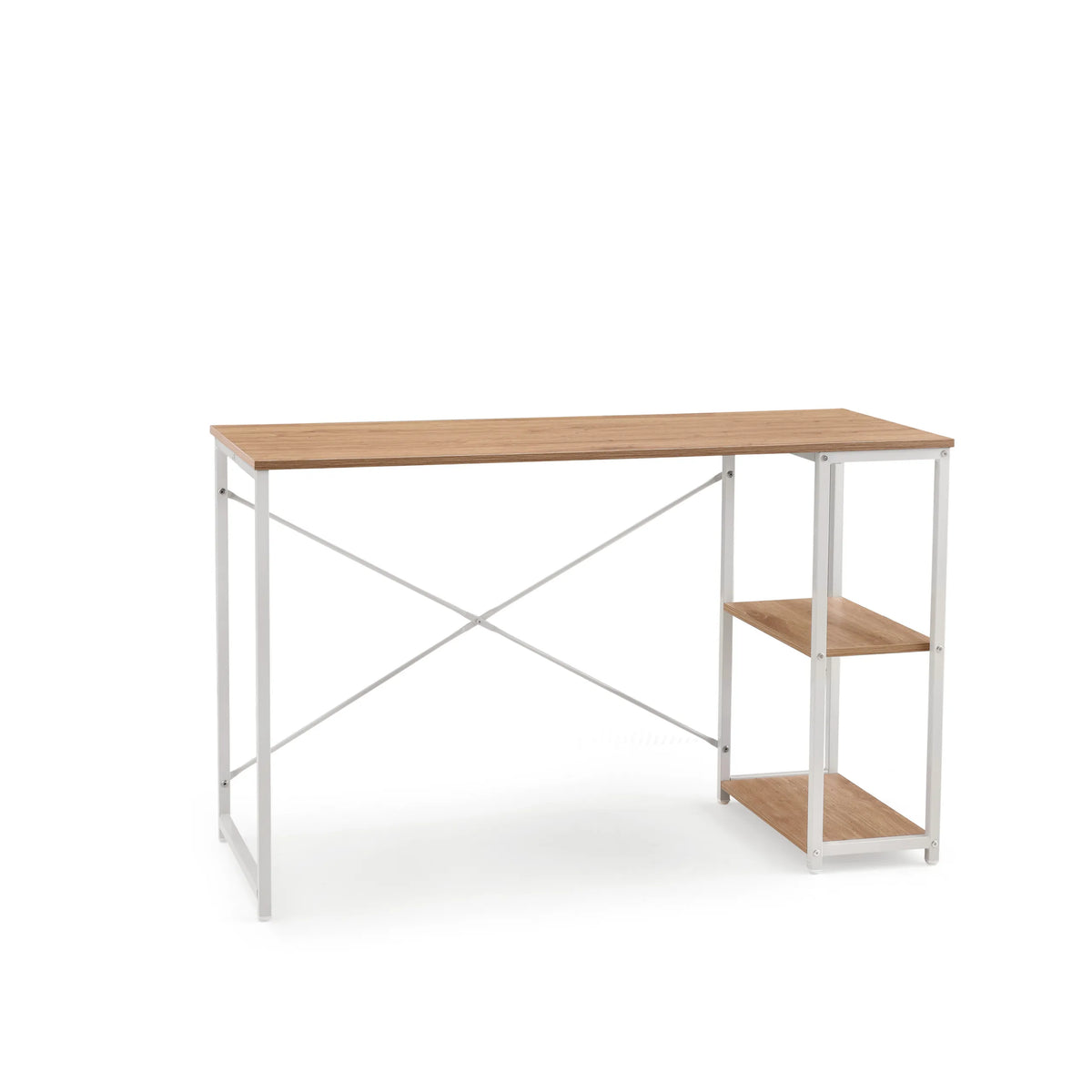 Bureau Easy Up2 in wit en eiken met geïntegreerd rek en X-steun van hjh LIVING – 360-gradenweergave (vooraanzicht 15°)