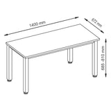 Maattekening van het QUEO 614 S bureau met afmetingen 1400 mm lengte, 672 mm diepte en 685-810 mm hoogte van hjh OFFICE PRO