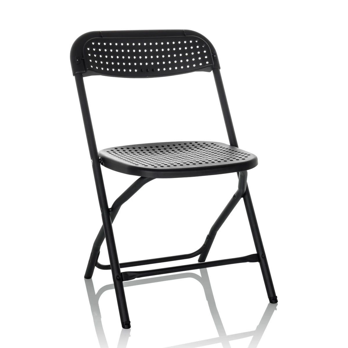 Zwarte Outdoor stoel TUDELA XXL PRO met geperforeerd zit- en rugvlak van hjh OFFICE – 360-gradenweergave (vooraanzicht 15°)