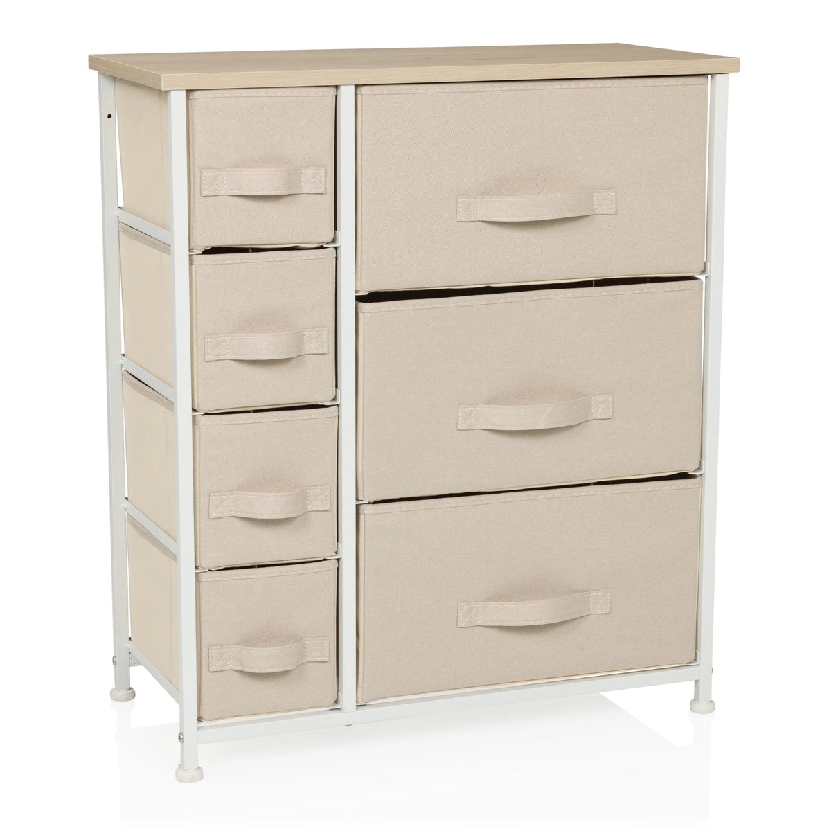 Beige Commode FOLDRESS B met zeven stoffen laden en wit frame van hjh LIVING – 360-gradenweergave (vooraanzicht 15°)