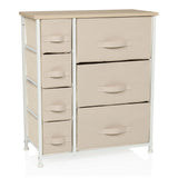 Beige Commode FOLDRESS B met zeven stoffen laden en wit frame van hjh LIVING – 360-gradenweergave (vooraanzicht 15°)