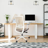 Beige professionele bureaustoel PURE WHITE met netrugleuning en witte armleuningen van hjh OFFICE